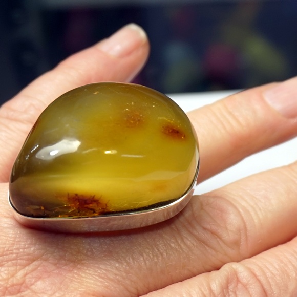 HUGE RAW BALTIC AMBER 925 SILVER RING ADJUSTABLE